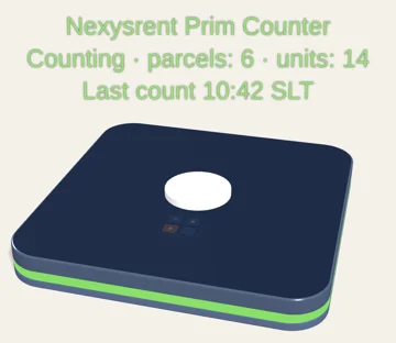 The Nexysrent prim counter: a flat rounded tile with its status light green, counting